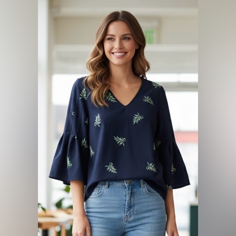 Ann Taylor Dark Blue Bell Sleeve V Neck Blouse, Tropical Print, Size PS